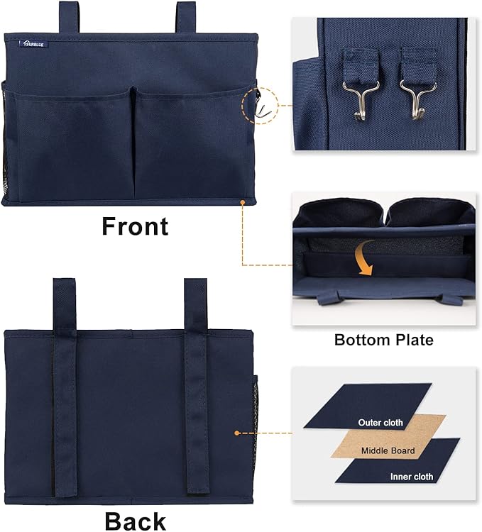 Surblue Bedside Caddy Hanging Organizer Storage Bag Pocket for Bunk, Hospital, College Dorm Rooms, Baby Bed Rails, Camp - 4 Pockets, 2 Hooks (Blue)