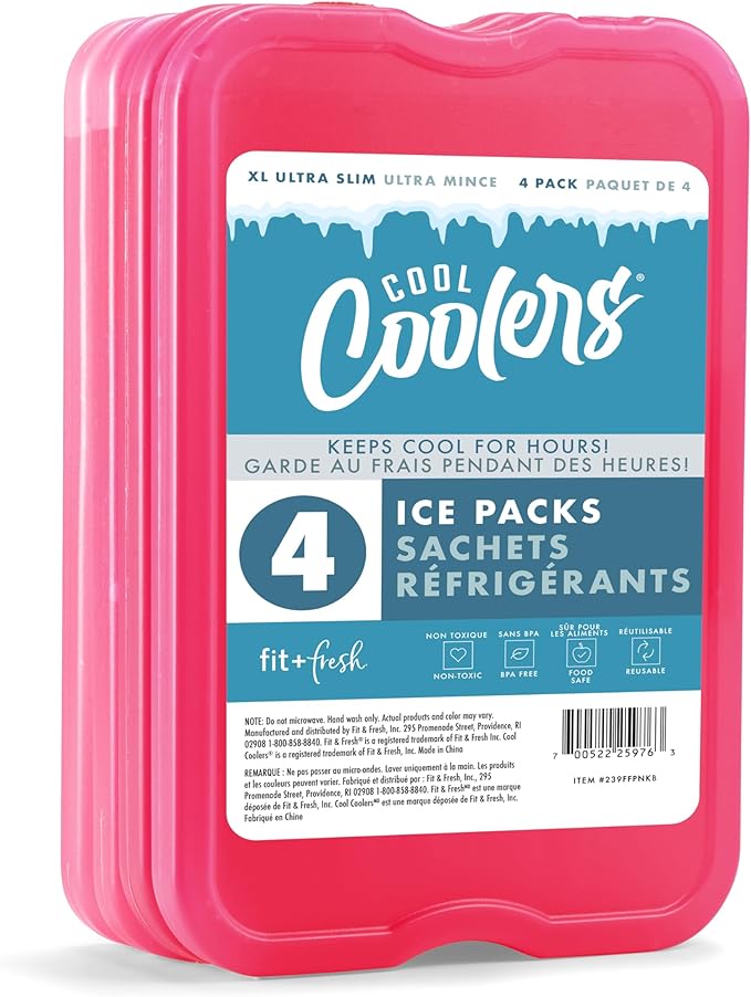 Cool Coolers by Fit & Fresh 4 Pack XL Slim Ice Packs, Quick Freeze Space Saving Reusable Ice Packs for Lunch Boxes or Coolers, Pink