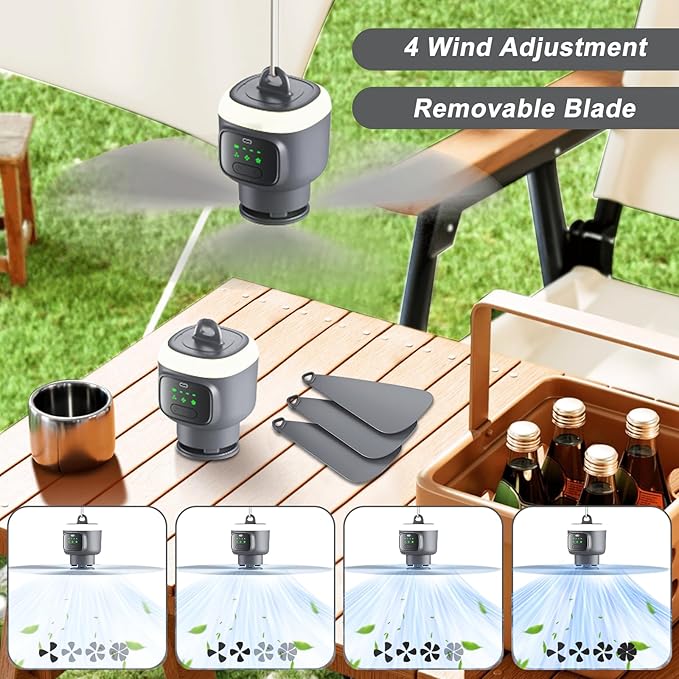 18 Inch Canopy Fan,12000mAh Portable Outdoor Ceiling Fan with Light with Remote Control and Hanging Hook, Easy Operation Battery Powered Fan Light for Gazebo, Tent, Patio, Camping