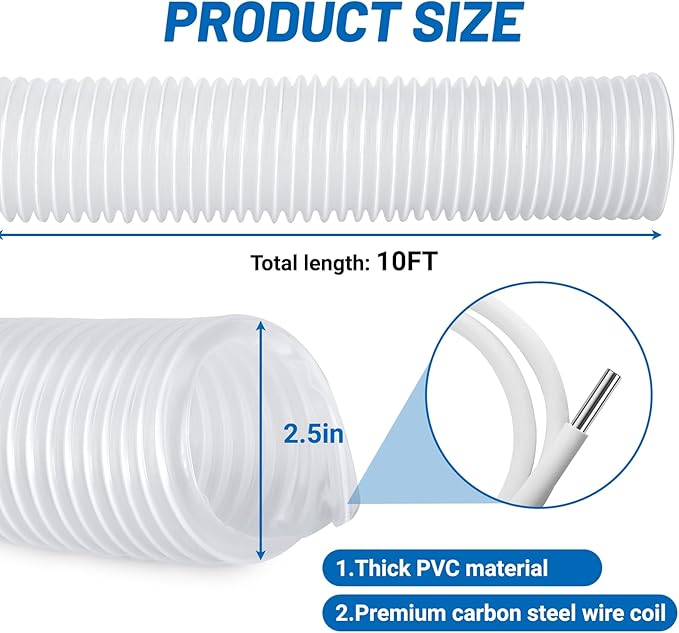 2.5" x 10' Heavy PVC Dust Collection Hose, Flexible Clear Debris and Fume Collection Hose with Stainless Steel Hose Clamps for Dust Collectors with 2 1/2" Ports great for Shop Vacuums