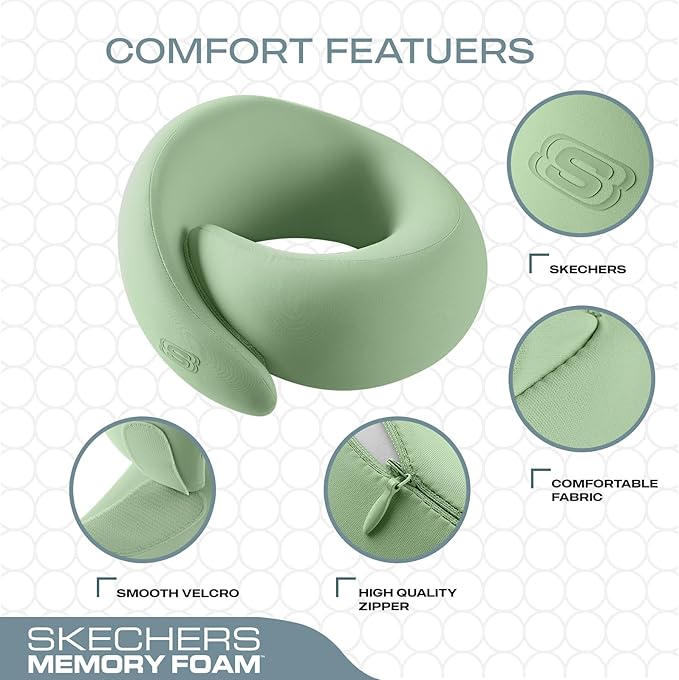 Skechers Memory Foam Travel Pillow,Comfortable & Breathable Airplane Travel Essential, Neck Pillow for Travel, Car Rides, Home, and Office Use, Ergonomic Design for Men and Women,Green