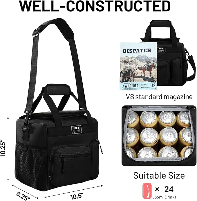 MIER Large Lunch Box for Men Women Adult Insulated Soft Sided Cooler 24 Can Leakproof Lunch Bag Collapsible for Work Travel Camping Beach, 15L (Black-No Luggage Strap)