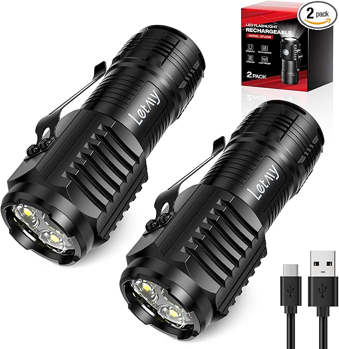 LETMY Rechargeable Mini Flashlights with Magnetic Base, 2 Pack Bright 3 LED Flash Lights, Small EDC Flashlight with Belt Clip, 4 Lighting Modes Portable Rechargeable Flashlights for Camping Home
