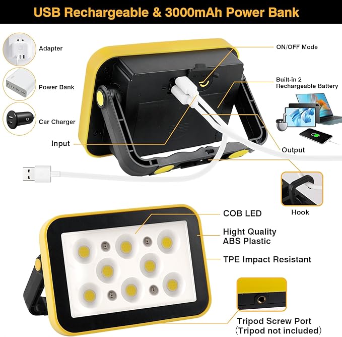 Rechargeable Flood Light with Tripod Hole, Portable COB Work Light Battery Operated, LED Work Lights Waterproof 180° Rotate for Job Site Garage Camping Car Repair, Gifts for Men