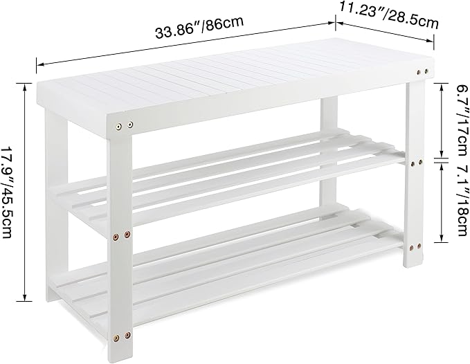 SMIBUY Bamboo Shoe Rack Bench, 3-Tier Shoe Organizer Storage Shelf for Entryway Hallway Bathroom Living Room (White)