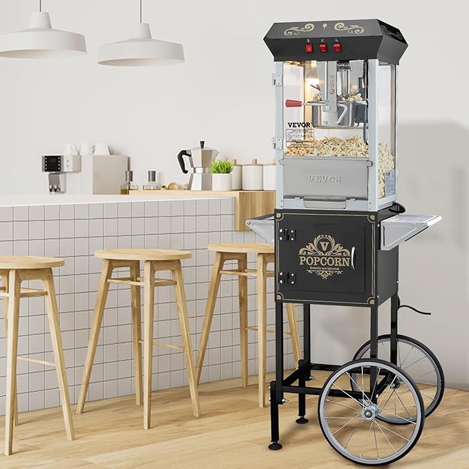 VEVOR Popcorn Maker with Cart, 850W Popcorn Popper Machine, 8 Oz Kettle Makes 48 Cups per Batch, Popcorn Maker Equipped with Tempered Glass, Includes 4 Scoops, Movie Theater Style, Black