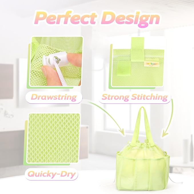 Mesh Shower Caddy Portable with Drawstring, Dorm Room Essentials for College Students Girls & Boys, Large Shower Bag for Camping,Swimming,Gym,Travel,Bathroom - Green