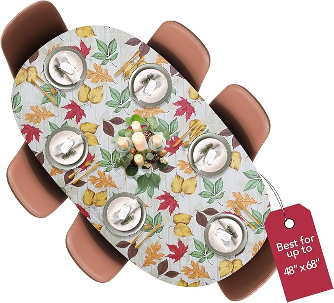 LAMINET Elastic Fitted Table Cover - All-Over Leaves - Oblong/Oval - Fits Tables up to 48 x 68”