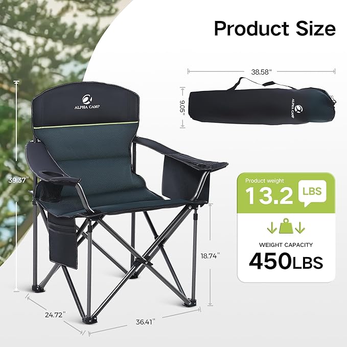 GREEN PARTY Folding Camping Chair Oversized Heavy Duty Lawn Chair with Cooler Bag, Cup Holder, Storage Pocket, Collapsible Padded Outdoor Arm Chair, Quad Lumbar