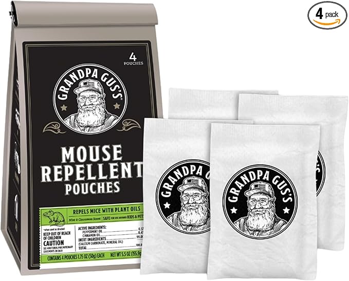 Grandpa Gus's Extra-Strength Mouse Repellent Pouches, Cinnamon/Peppermint Oils Repel Mice from Nesting & Freshen Air in Car/RV/Boat/Garage/Shed/Cabin (Pack of 4)