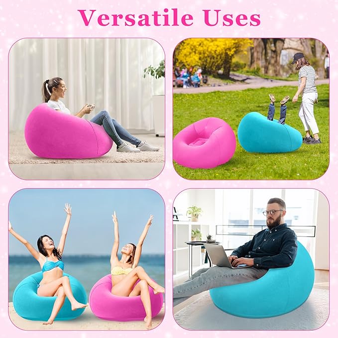 Realspring Inflatable Bean Bag Chairs Outdoor Blow up Camping Chairs Inflatable Lazy Sofa Folding Portable Bean Bag Loungers Couch for Movie Night(Pink,Lake Blue,2 Pcs)