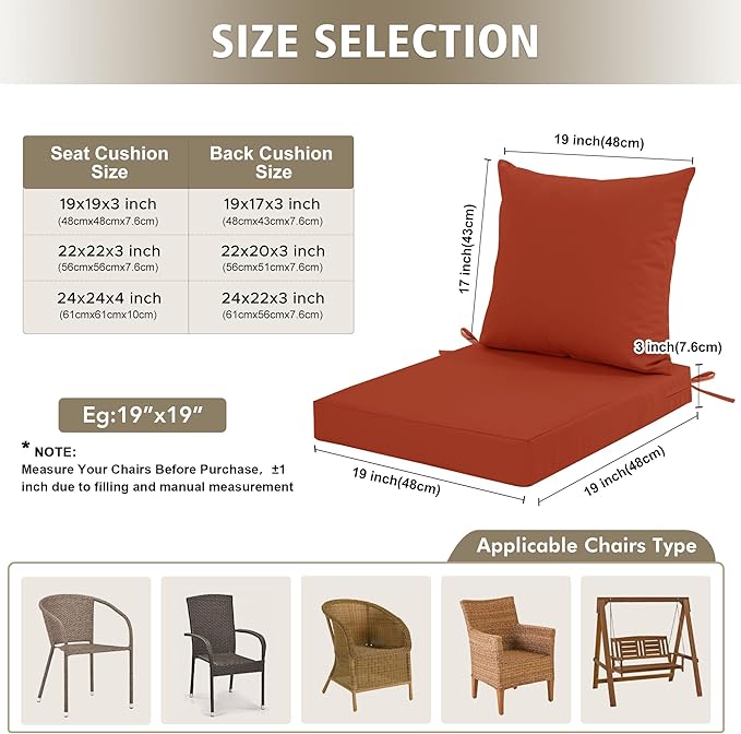 Outdoor Chair Cushions, Waterproof Outdoor Cushions for Patio Furniture w/Fade-Resistant, Removable & Machine-Washable Covers, 19x19 Inch, Ideal for Seat in Gardens/Porch – Set of 1/2/4, Rust