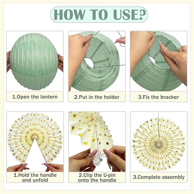 17Pcs Sage Green Party Decorations, Sage Green Gold Cream Paper Lanterns Paper Fans for Baby Shower Birthday Wedding Engagement Bridal Shower Party Decorations