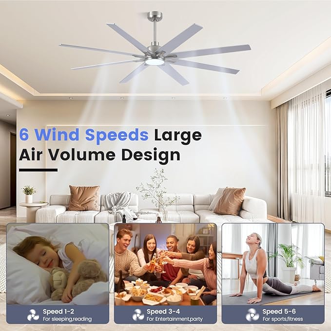 72 inch Large Ceiling Fans with Lights and Remote, Indoor/Outdoor Brushed Nickel Ceiling Fan for Living Room Patio, 6 Speeds Slient Reversible DC Motor, 3CCT, Timer, 3 Downrods, 8 Blades