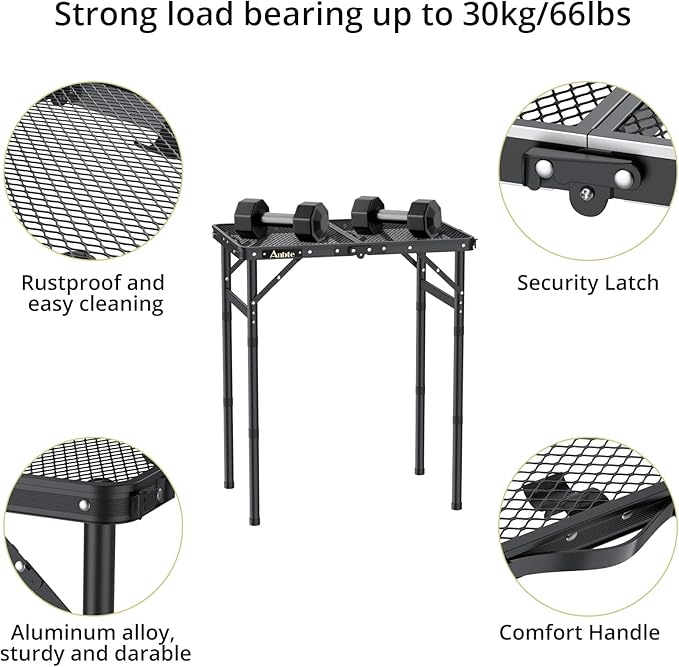 Folding Grill Table, Aluminum Camping Table Adjustable Height Max 27.5" Picnic Table Outdoor Table, Lightweight, Portable Handle for Travel Cooking BBQ Picnic, 22.8" x 16", Black