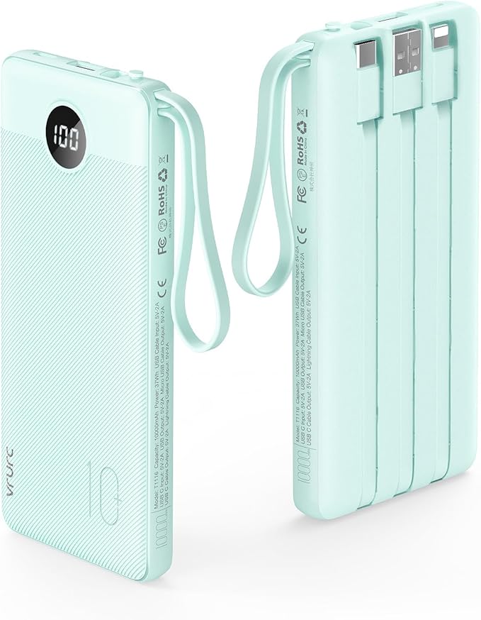 VRURC Portable Charger Power Bank, 10000mAh Travel Essentials Battery Pack, 5 Outputs 2 Inputs Slim Charging Bank Built-in Cables Cords Wires Compatible with iPhone,Samsung,Android-Green(1 Pack)