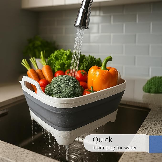 Collapsible Dish Basin - 2.4 Gal (9L) with Drain Plug – Foldable Multiuse Sink Tub for Kitchen, Camping, RV, Dishwashing & Vegetable Washing (Gray)