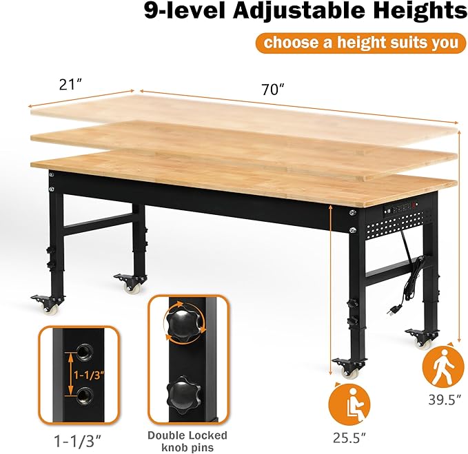 70" Adjustable Workbench on Wheels, 2000 LBS Heavy Duty Work Table with Power Outlets & Pegboard, Rubber Wood Workstation for Garage, Workshop, Office, Home, Commercial