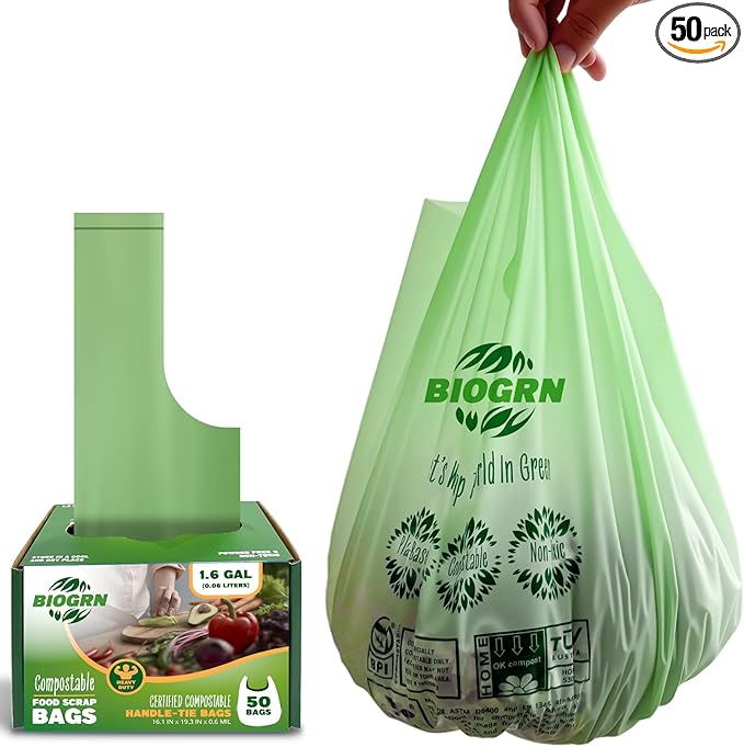 Compostable Trash Bags 1.2-1.6 Gallon with Handles 50 Count 0.6 Mil 6.06 Liter Heavy Duty Small Kitchen Food Scrap Waste Compost Bags for Countertop Bin ASTM D6400 & BPI Certified, OK Compost Home
