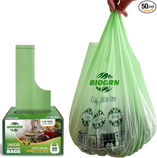 Compostable Trash Bags 1.2-1.6 Gallon with Handles 50 Count 0.6 Mil 6.06 Liter Heavy Duty Small Kitchen Food Scrap Waste Compost Bags for Countertop Bin ASTM D6400 & BPI Certified, OK Compost Home