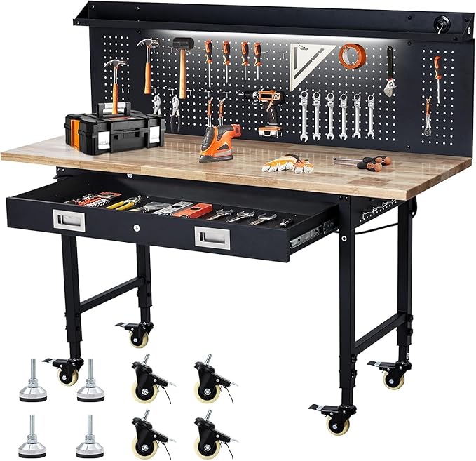 Work Bench 60" Adjustable Height, Heavy-Duty Portable Workbench with Power Outlets and Drawer for Garage & Workshop, 2000 LBS Load Capacity Large Pegboard, Work Table for Office, Home, Easy Assembly