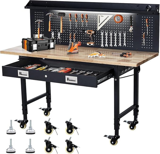 Work Bench 60" Adjustable Height, Heavy-Duty Portable Workbench with Power Outlets and Drawer for Garage & Workshop, 2000 LBS Load Capacity Large Pegboard, Work Table for Office, Home, Easy Assembly