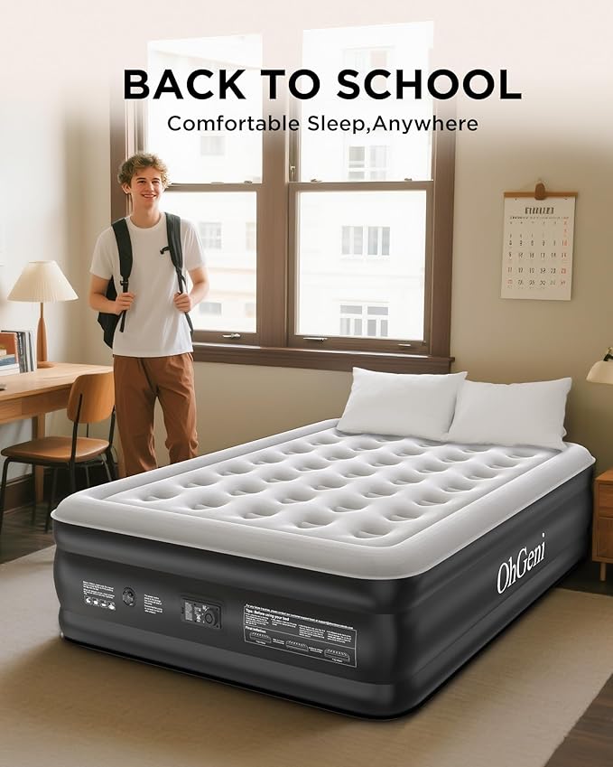 OhGeni Queen Air Mattress with Built in Pump, Inflatable Blow Up Mattress 18 Raised Comfort,Upgraded Surface Portable Mattress, Air Bed for Camping, Home and Guest, Colchone Inflable, 650 lbs Max