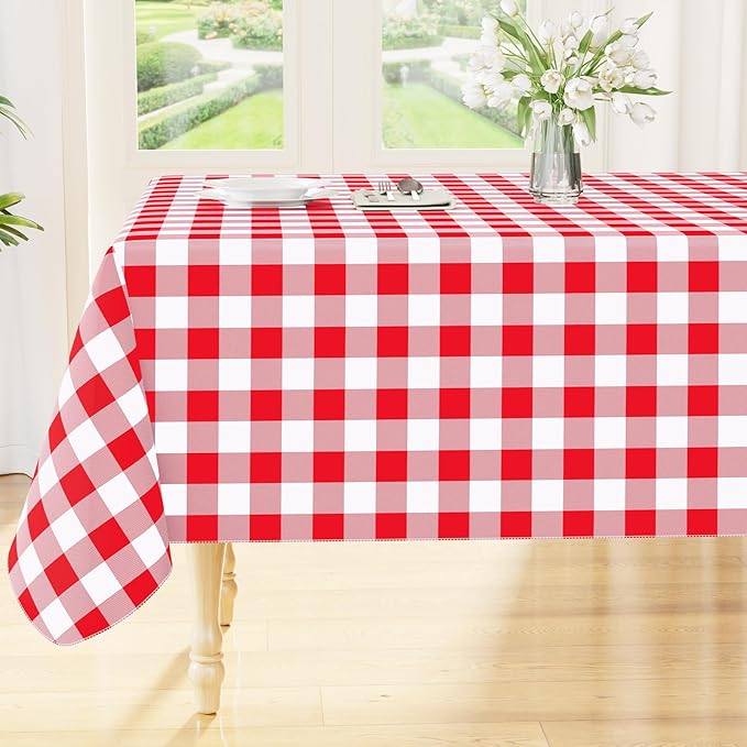 Smiry Rectangle Table Cloth, Waterproof Vinyl Tablecloths with Flannel Backing, Wipeable Buffalo Plaid Table Cover for Dining, Indoor and Outdoor (Red & White, 60"x84")