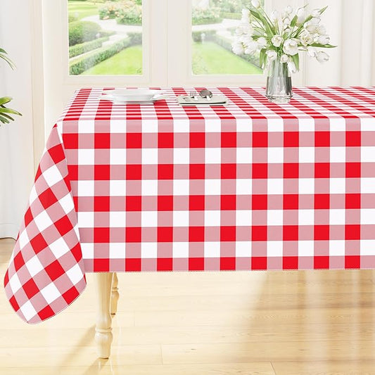 Smiry Rectangle Table Cloth, Waterproof Vinyl Tablecloths with Flannel Backing, Wipeable Buffalo Plaid Table Cover for Dining, Indoor and Outdoor (Red & White, 60"x84")