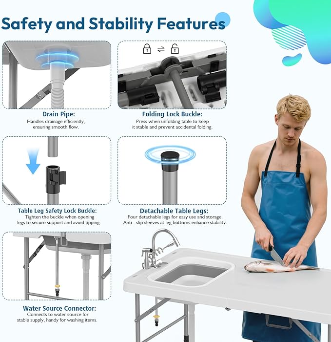HLPB Fold in Half Folding Fish Cleaning Table with Sink, Foldable Protable Camping Sink Table with Drainage Hose & Fish Cleaning Kit, Fish Fillet Cutting Desk for Picnic Patio Backyard BBQ, White