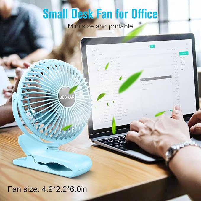 BESKAR Portable Clip on Fan Rechargeable, 4 Speeds Small Battery Operated Fans, USB Desk Fan with Strong Airflow, Sturdy Clamp Fans for Golf Cart Office Outdoor Travel Camping