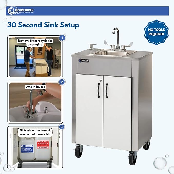 Ozark River Portable Sinks Elite LS1, Free Standing Portable Concession Sink, Commercial Restaurant Portable Sink with Hot Water, Stainless Food Service Sink, White Doors-Black Edges