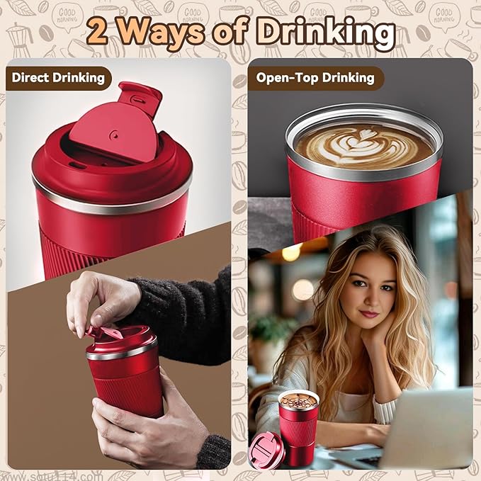 12OZ Travel Coffee Mug Insulated Coffee Cup with Spill Leak Proof Lid, Portable Stainless Steel Tumbler Reusable Hot and Cold Water Mug for Car, Daily, Camping- Red