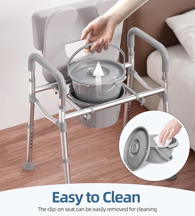 Bedside Commode with Padded Seat and Backrest, Aluminum Commode Toilet with Bucket, Easy Cleaning Portable Toilet for Adults and Seniors, 350 lb Capacity Enhanced Crossbar