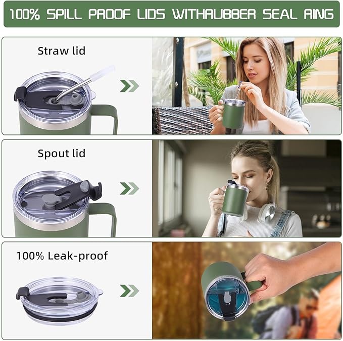 Volhoply 12oz Insulated Leakproof Coffee Mug with Flip & Straw Lid Bulk 8 Pack,Double Wall Vacuum Stainless Steel Travel Tumbler Cup with Handle,Reusable Camping Mugs Keep Cold(Army Green,8 Set)