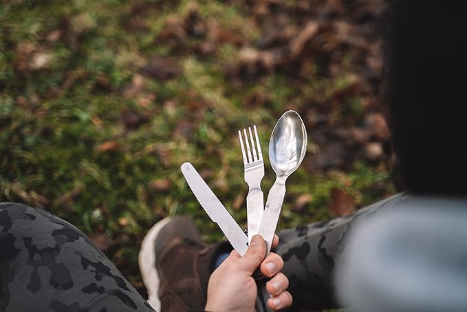 German cutlery set 4 pieces Eating utensils military style spoon fork knife kit flatware multi-tool Camping bottle can opener stainless steel NEW