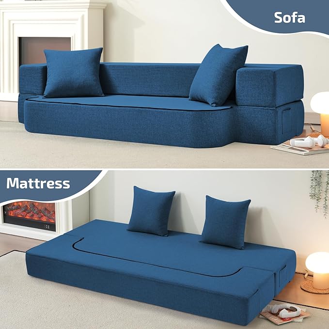 2-in-1 Folding Sofa Bed with Pillows - Folding Chair Floor Couch & Sleeping Mattress - Washable Cover & Memory Foam Sleeper Chair for Living Room/Guest Room/Apartment/Loft, Navy Blue, Twin XL