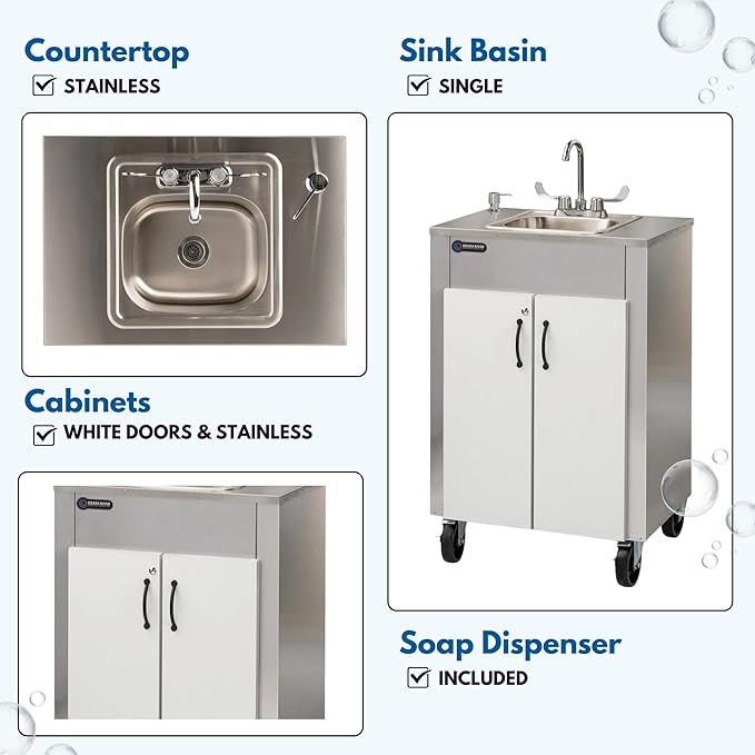 Ozark River Portable Sinks Elite LS1, Free Standing Portable Concession Sink, Commercial Restaurant Portable Sink with Hot Water, Stainless Food Service Sink, White Doors-White Edges