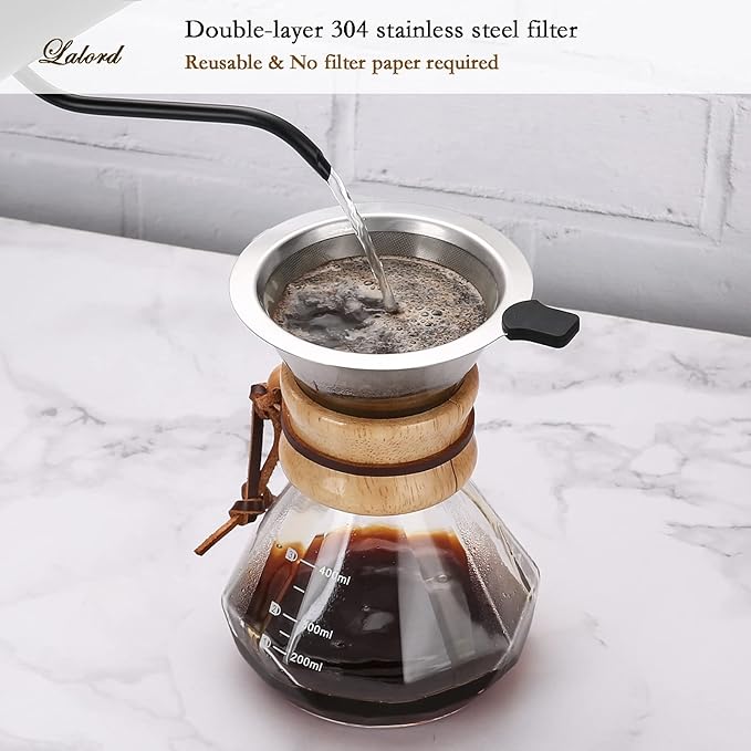 Pour Over Coffee Maker with Stainless Steel Filter, Borosilicate Glass Coffee Carafe, Modern Wooden Collar, Coffee Maker Carafe, Hold 2 Cups, 400 ml/13.5 oz, Clear