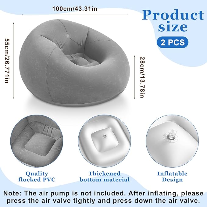 Realspring Inflatable Bean Bag Chairs Outdoor Blow up Camping Chairs Inflatable Lazy Sofa Folding Portable Bean Bag Loungers Couch for Movie Night(Dark Gray,2 Pcs)