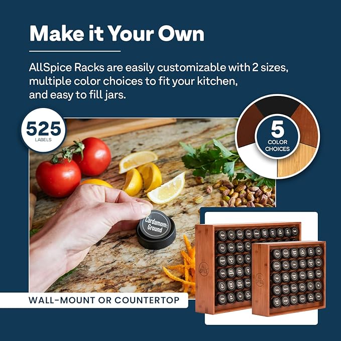 AllSpice Spice Rack Organizer, Wood, 525 Unique Labels, Countertop or Wall Mount, Includes 60 4oz Jars- Cherry Stain