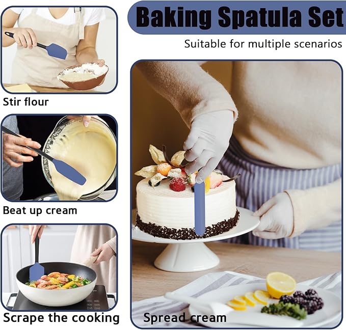 Oven Mitts with Heat-Resistant Hot Pads and Five Silicone Spatulas Designed for Kitchen Baking Cooking, Oven Glove Soft Cotton Lining, Waterproof, BPA-Free (Dark Blue, 12.6)