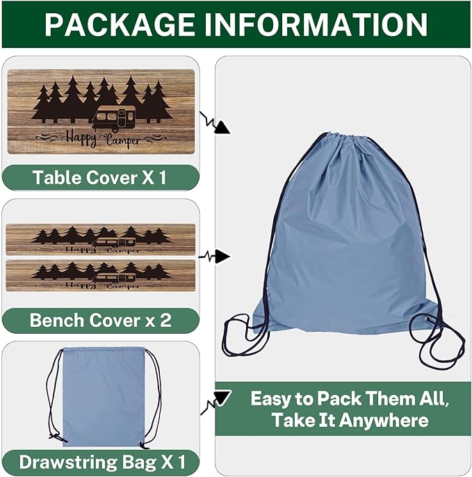 Picnic Table Cover with Bench Covers Elastic Edges, Wooden Camper Fitted Table Cover, Outdoor Patio Camping Essentials 96 Inch 3PCS, Waterproof Camping Fitted Tablecloth with Drawstring Bag