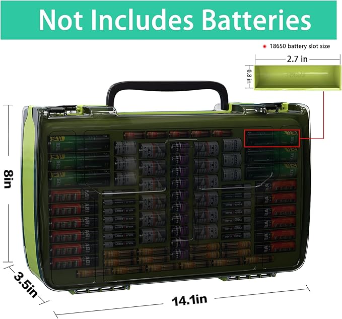 Large Capacity 269 Battery Organizer Storage Case with Tester, Double-Side Battery Holder Container for AA AAA AAAA C D 9V Lithium 3V CR123 CR1632 18650 Batteries(Box Only) (Lighting Green)