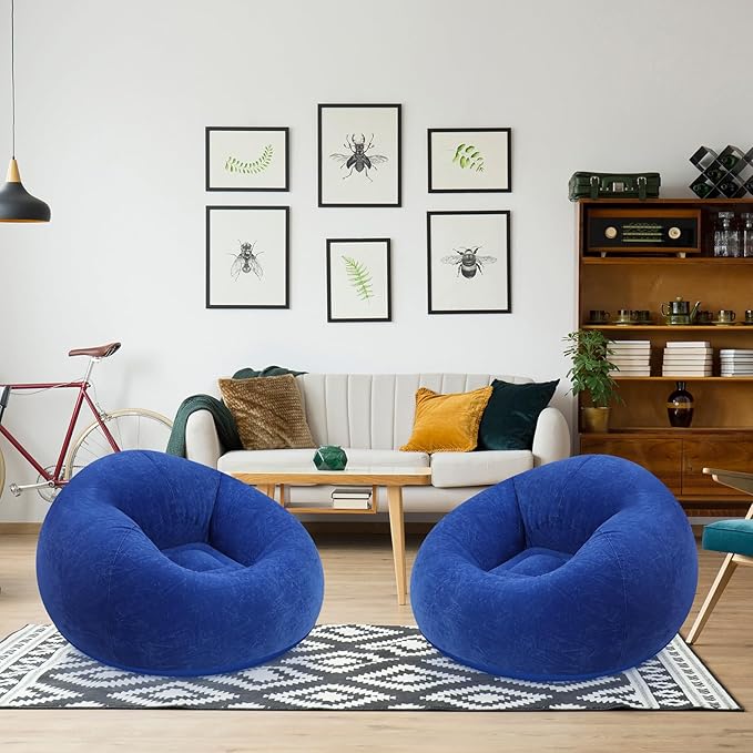 Realspring Inflatable Bean Bag Chairs Outdoor Blow up Camping Chairs Inflatable Lazy Sofa Folding Portable Bean Bag Loungers Couch for Movie Night(Dark Blue,2 Pcs)