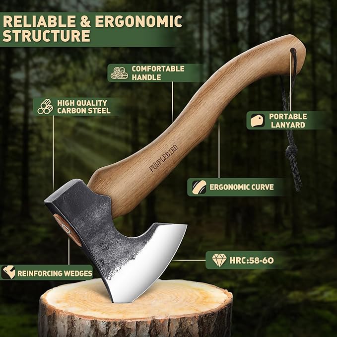 PURPLEBIRD Hatchet Axe with Sheath for Camping, 15 Inch Bushcraft Axe Carbon Steel Chopping Axe Wood Handle Splitting Axe, Hand-Forged Camping Hatchet for Carving Bushcraft Outdoor Forest Garden