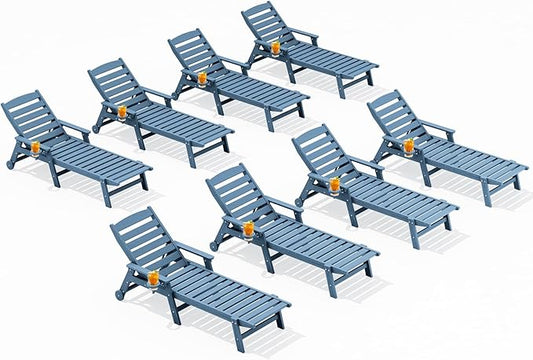 SERWALL Patio Chaise Lounge Chair Set of 8, 5 Positions Adjustable Poly Outdoor Lounge Chair for Pool, HDPE Lounge Chair with Rolling Wheels & Cup Holder for Poolside, Deck, Blue