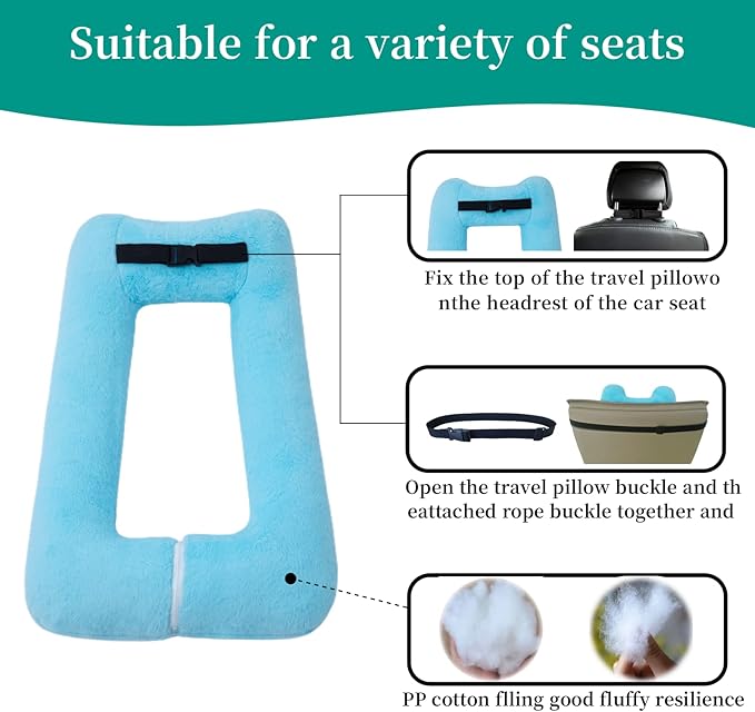 Travel Pillow Upgraded Version of Aircraft Travel Neck Pillow with Storage Bag, Sleep Pillows for Travel by Train, Car, or Plane, Supporting The Head and Body, Travel Pillow for Kids Blue