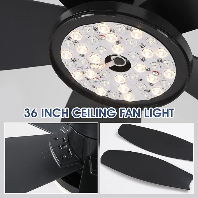 Flush Mount RGB Ceiling Fans with Lights-36 Low Profile Ceiling Fan with Light and Remote/APP Control,DC Reversible,LED Dimmable Blakc Ceiling Fans for Bedroom,Indoor/Outdoor Patio Use