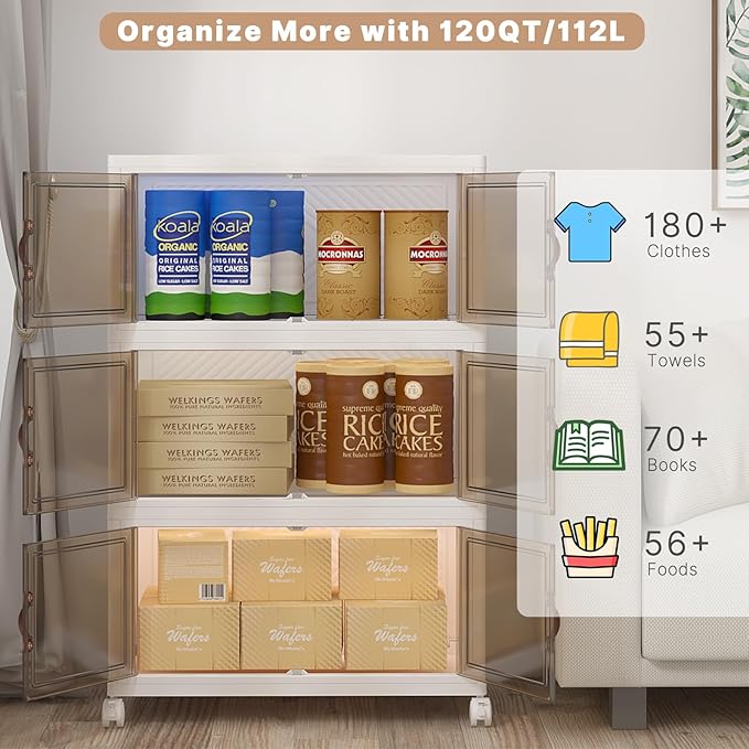 Extra Large Stackable Storage Binswith lids & Wheels, Foldable Collapsible Closet Organizers,720QT-120QT/30GAL*6Pack Plastic Containers with door & drawers for bedroom Dorm